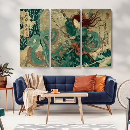 Tsukioka Yoshitoshi Samurai Wall Art Print, Japanese Katana Warrior Canvas Wall Art, Octopus Sea Monster Canvas Print,