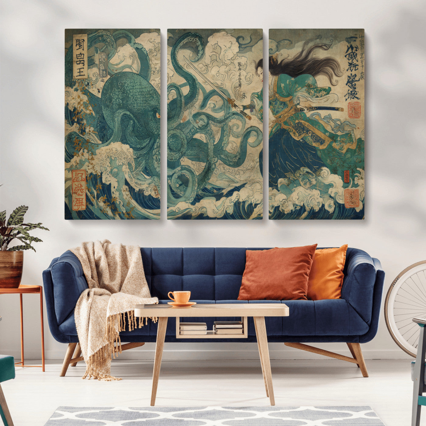 Tsukioka Yoshitoshi Samurai Wall Art Print, Japanese Katana Warrior Canvas Wall Art, Octopus Sea Monster Canvas Print,