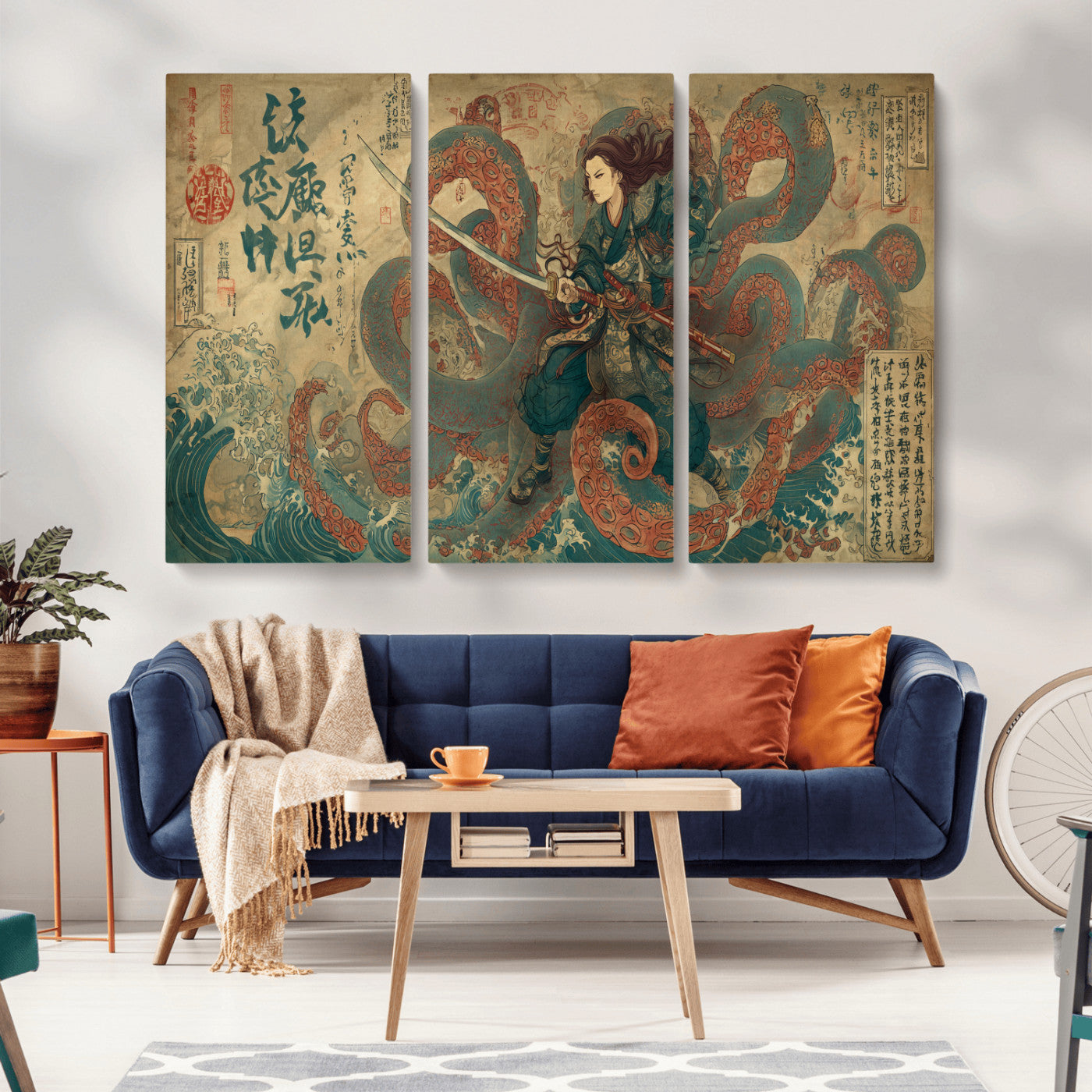 Tsukioka Yoshitoshi Samurai Wall Art Print, Japanese Katana Warrior Canvas Wall Art, Octopus Sea Monster Canvas Print,