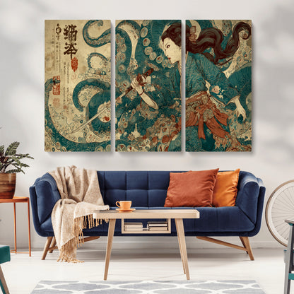 Tsukioka Yoshitoshi Samurai Wall Art Print, Japanese Katana Warrior Canvas Wall Art, Octopus Sea Monster Canvas Print,