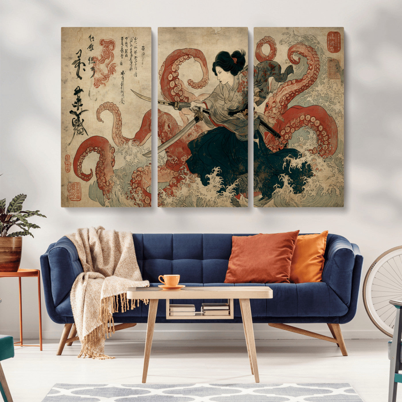 Tsukioka Yoshitoshi Samurai Wall Art Print, Japanese Katana Warrior Canvas Wall Art, Octopus Sea Monster Canvas Print,