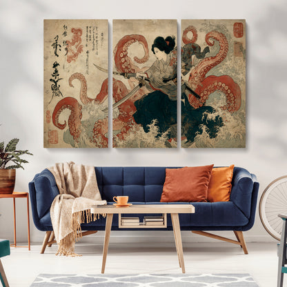 Tsukioka Yoshitoshi Samurai Wall Art Print, Japanese Katana Warrior Canvas Wall Art, Octopus Sea Monster Canvas Print,