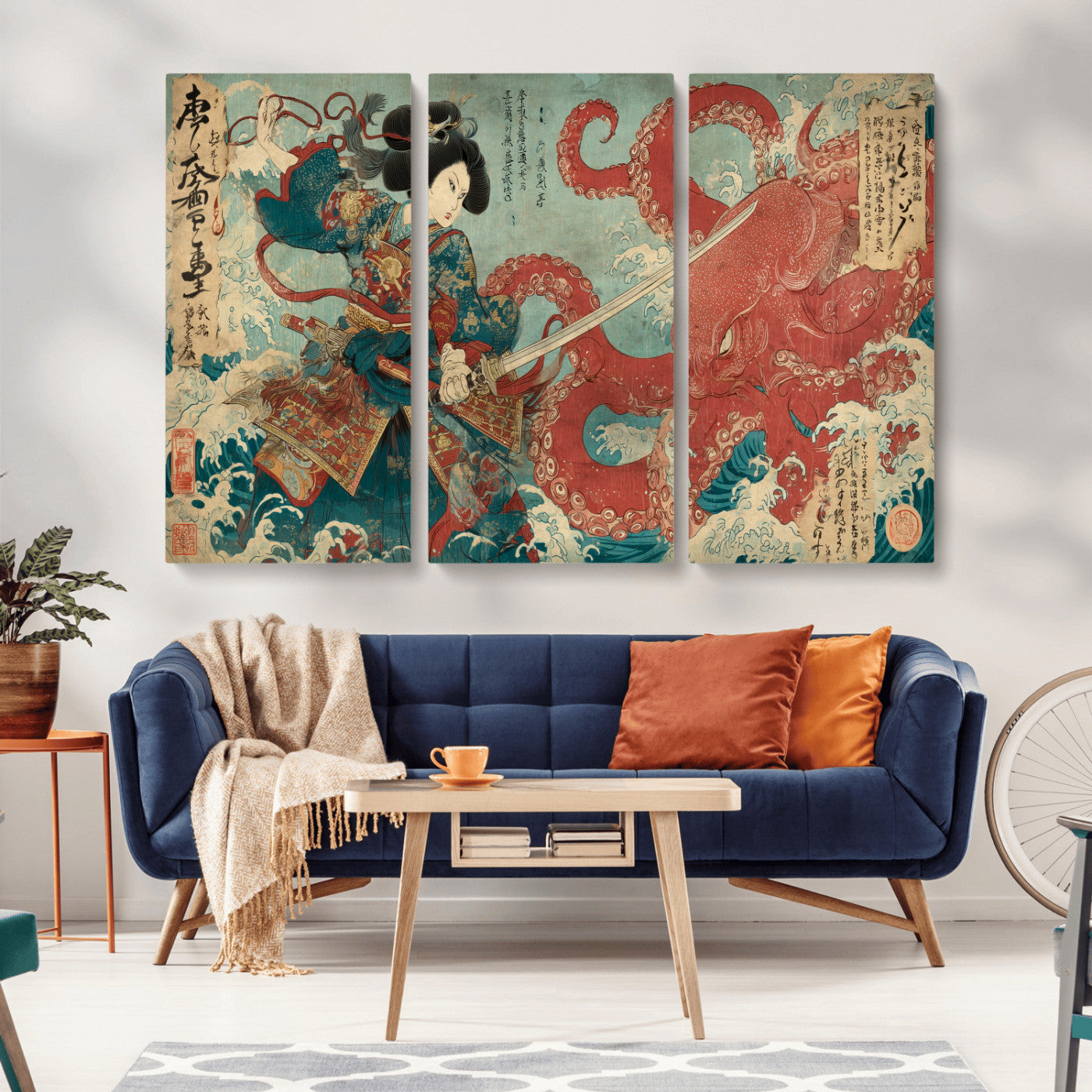 Tsukioka Yoshitoshi Samurai Wall Art Print, Japanese Katana Warrior Canvas Wall Art, Octopus Sea Monster Canvas Print,