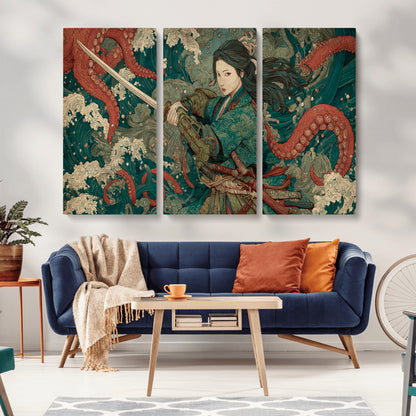 Tsukioka Yoshitoshi Samurai Wall Art Print, Japanese Katana Warrior Canvas Wall Art, Octopus Sea Monster Canvas Print,