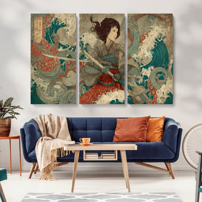 Tsukioka Yoshitoshi Samurai Wall Art Print, Japanese Katana Warrior Canvas Wall Art, Octopus Sea Monster Canvas Print,