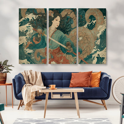 Tsukioka Yoshitoshi Samurai Wall Art Print, Japanese Katana Warrior Canvas Wall Art, Octopus Sea Monster Canvas Print,