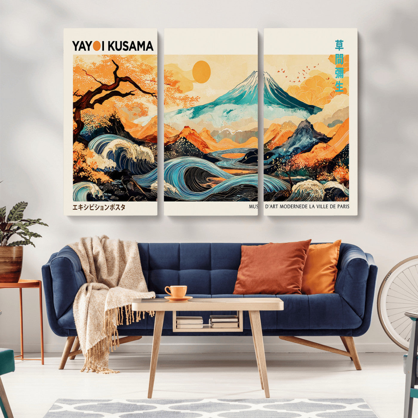 Modern Japanese-style art print featuring a stylized Mount Fuji, flowing waves, and vibrant landscapes in bold colors, inspired by traditional and contemporary aesthetics.