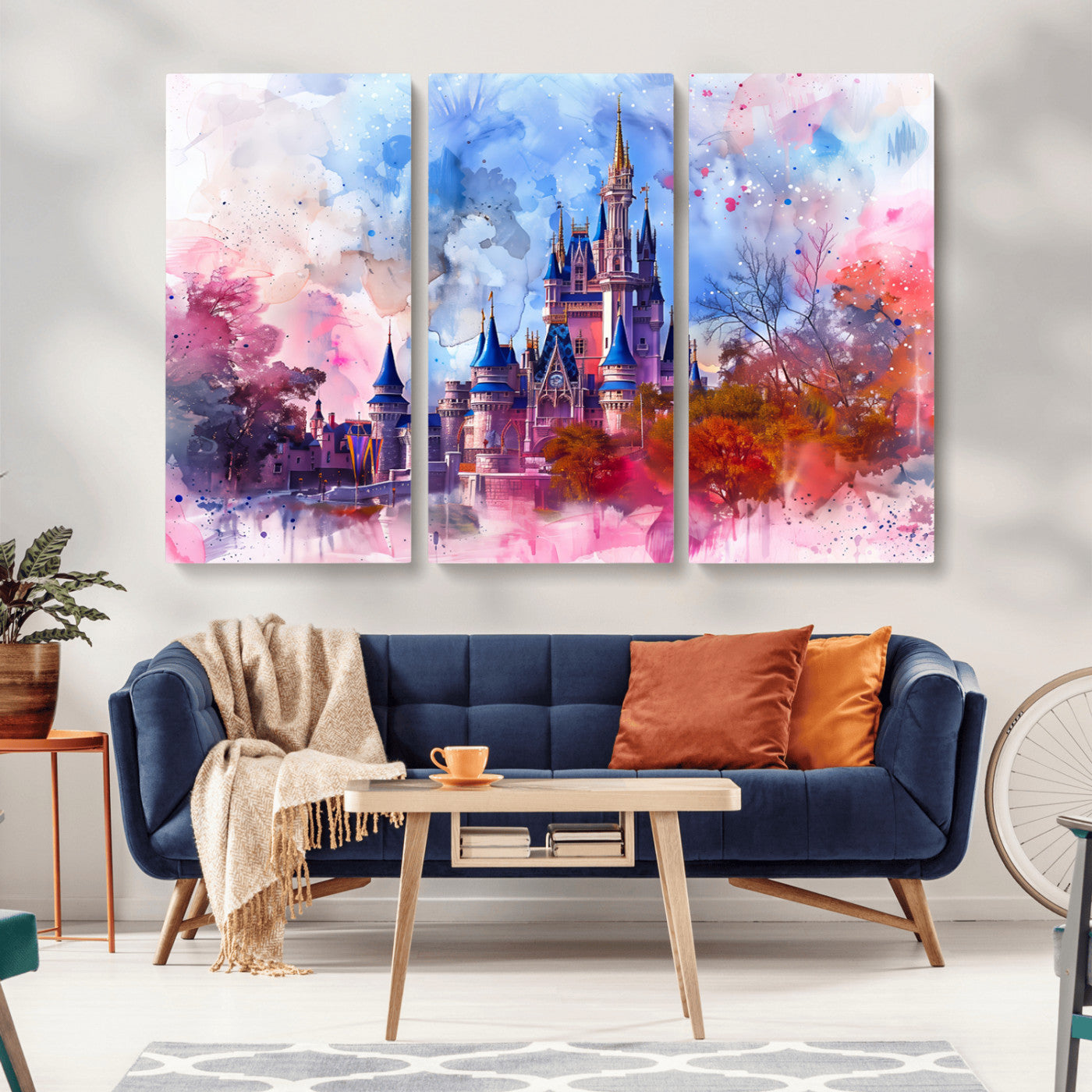 Watercolor canvas of a dreamy Disney-style castle in pastel pink and blue tones, perfect for fairytale or whimsical home decor.