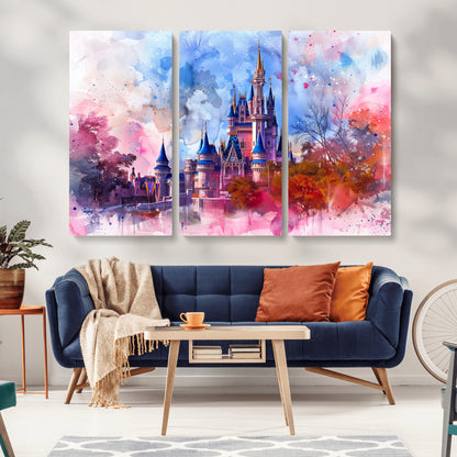 Watercolor canvas of a dreamy Disney-style castle in pastel pink and blue tones, perfect for fairytale or whimsical home decor.