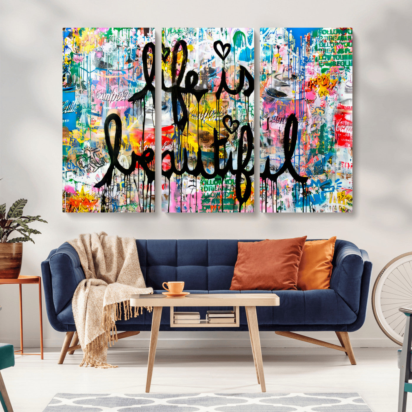 Colorful urban-style canvas with graffiti text “Life is Beautiful” in black paint, ideal for bold or street-themed home decor.