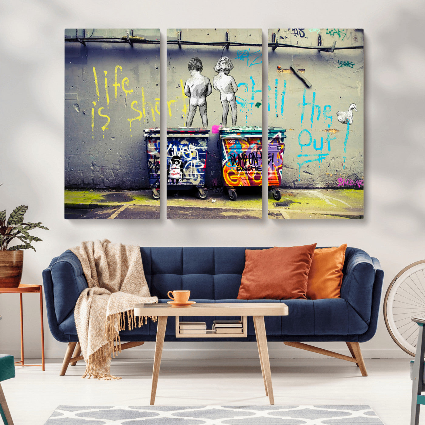 Graffiti-style canvas art with bold text and two naked figures over urban dumpsters, ideal for edgy or street-style decor.