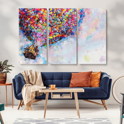 Whimsical canvas of the house from the movie Up flying with colorful balloons, ideal for Pixar or animation-themed decor.