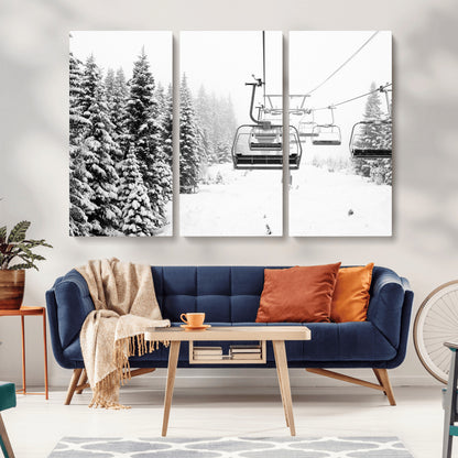 Black and white canvas of empty ski lifts over a snowy pine forest, perfect for minimal winter or ski lodge-inspired decor.