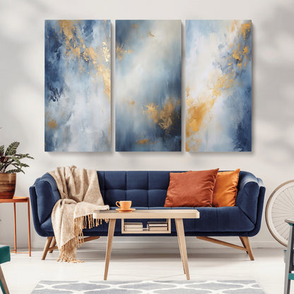 Abstract canvas art in soft blue and gold tones with textured brushstrokes, ideal for elegant or modern neutral decor spaces.