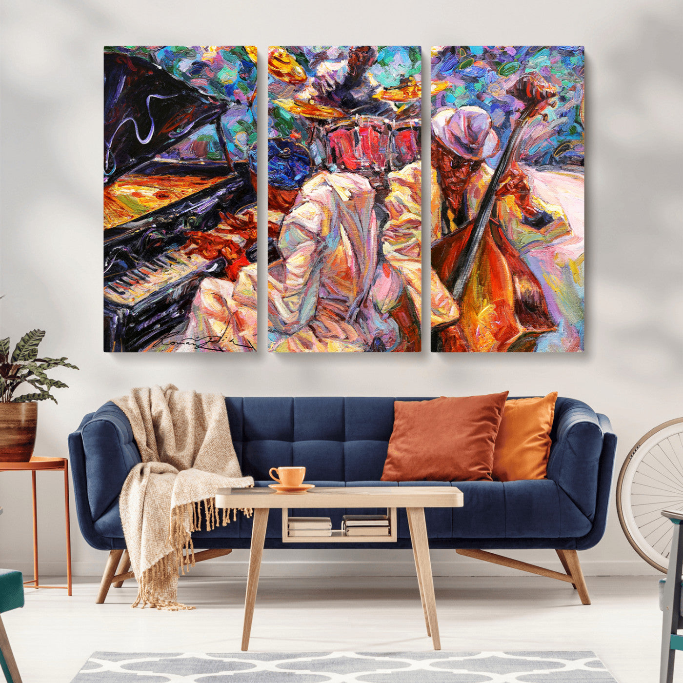 Vibrant oil painting of a jazz band with piano, saxophone, and bass, ideal for colorful and expressive music-themed home decor.