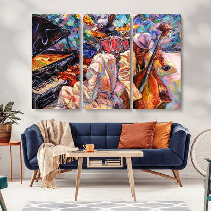 Vibrant oil painting of a jazz band with piano, saxophone, and bass, ideal for colorful and expressive music-themed home decor.
