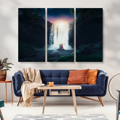 Romantic scene of Stitch and Angel sitting under a leaf in front of a glowing waterfall, ideal for tropical or fantasy-themed decor.