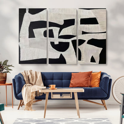 Minimalist black and white canvas featuring bold abstract textures and geometric shapes, ideal for modern neutral decor.