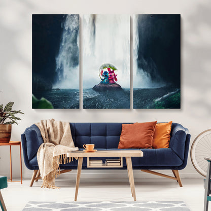 Fantasy canvas of Stitch and Angel under a leaf umbrella in front of a dramatic waterfall, perfect for moody jungle-themed or animated decor.