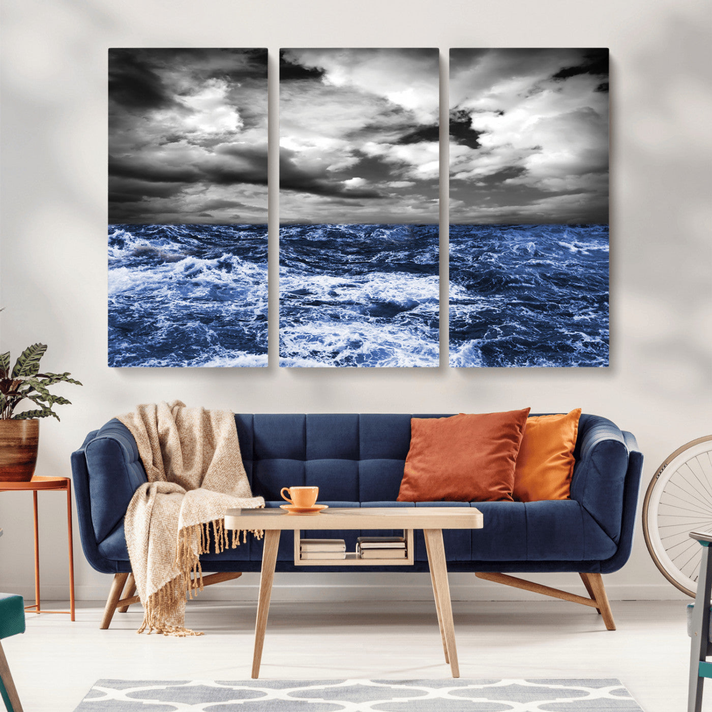 Moody canvas wall art of a stormy ocean under a dramatic black-and-white sky, perfect for bold or coastal-style interiors.