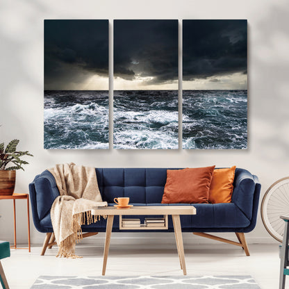 Moody ocean scene with stormy skies and crashing waves, perfect for dramatic or coastal-style home wall decor.