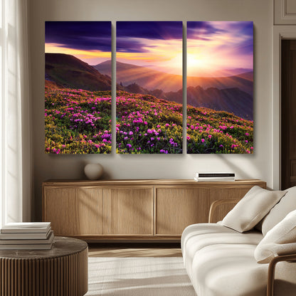 -Mountain Sunrise Wall Art – Vibrant Floral Landscape Canvas Print, Nature Home Decor for Living Room, Bedroom Office or Cabin