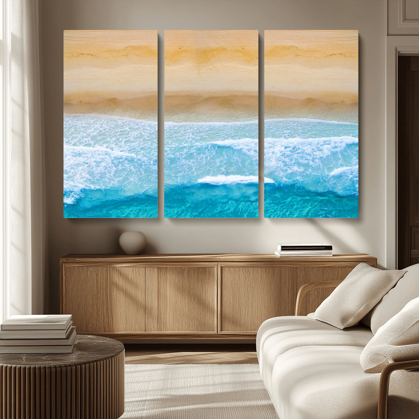 -Aerial Beach Wall Art – Serene Ocean Waves & Sandy Shore Canvas Print, Coastal Home Decor for Living Room, Bedroom or Office