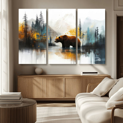A majestic bear stands by the serene waters of a misty forest, surrounded by towering trees and distant mountains, evoking the raw beauty and wild spirit of nature.