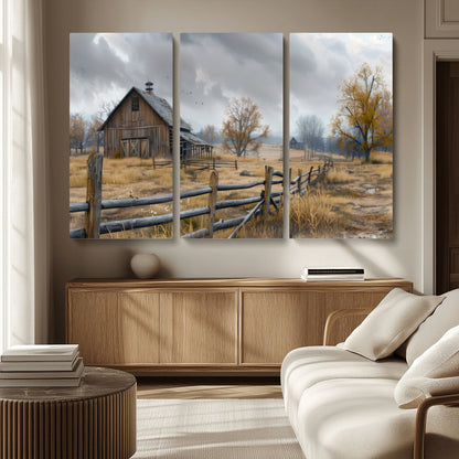 A tranquil rural scene featuring a rustic barn, overcast skies, and golden fields with scattered trees, evoking a sense of peaceful solitude in nature.