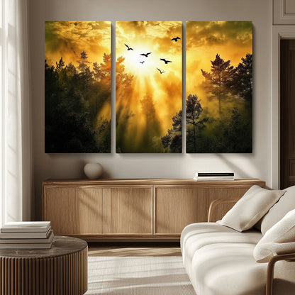 Canvas of a golden forest at sunset with birds flying through glowing sunbeams and silhouetted pine trees, ideal for warm-toned rustic decor.