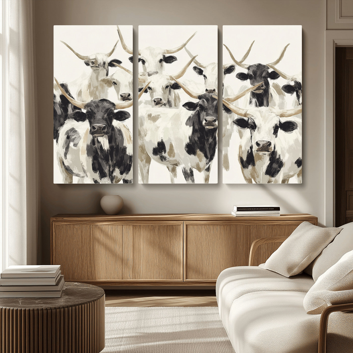 Canvas of a Texas Longhorn cattle herd in neutral black and white tones, ideal for rustic farmhouse or western-themed decor.