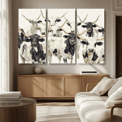 Canvas of a Texas Longhorn cattle herd in neutral black and white tones, ideal for rustic farmhouse or western-themed decor.