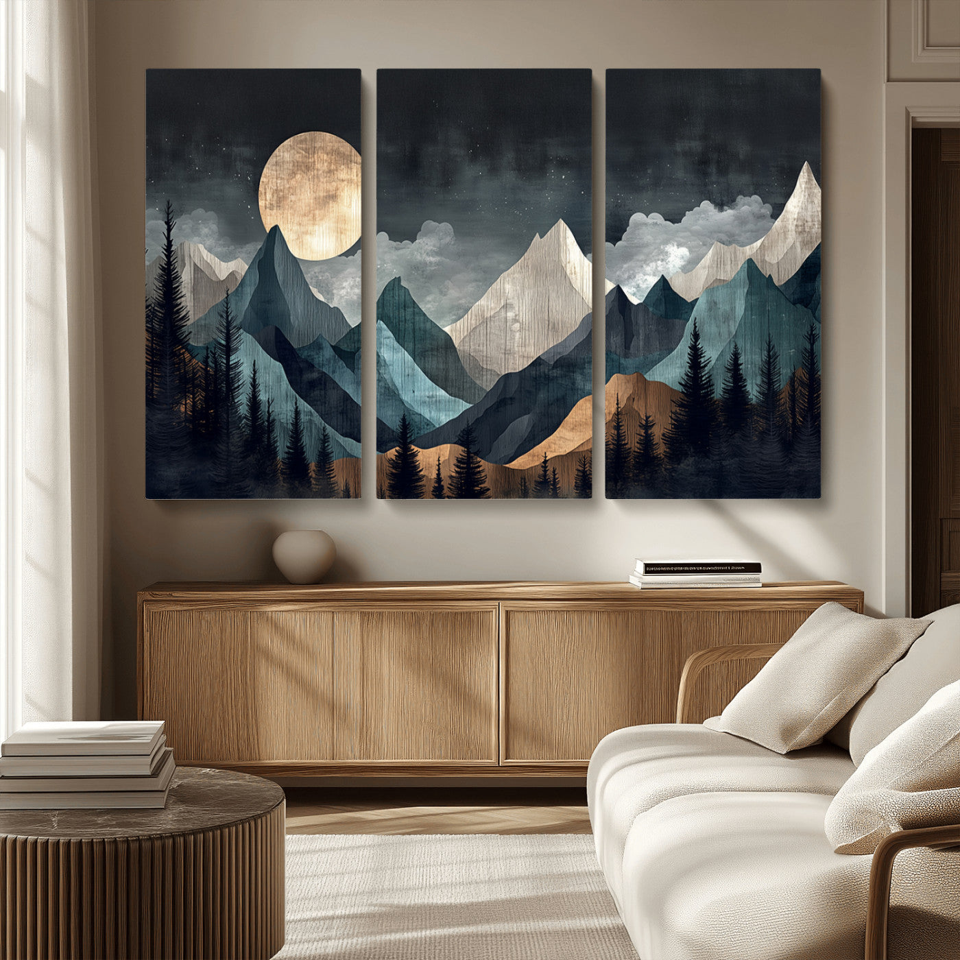 Stylized canvas of layered mountains under a full moon in neutral moody tones, ideal for nature-inspired or modern rustic interiors.
