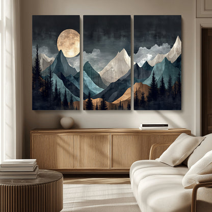 Stylized canvas of layered mountains under a full moon in neutral moody tones, ideal for nature-inspired or modern rustic interiors.