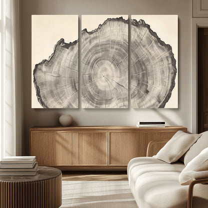 Detailed tree ring drawing in monochrome tones, ideal for rustic or nature-inspired interiors with a minimal decor aesthetic.