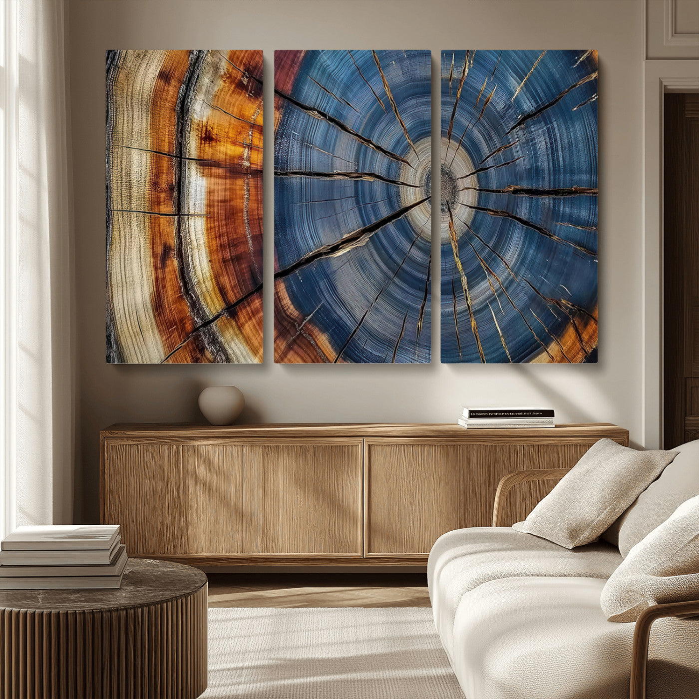 A stunning close-up view of a tree trunk, showcasing the intricate growth rings in a vibrant mix of warm browns, cool blues, and hints of natural texture.