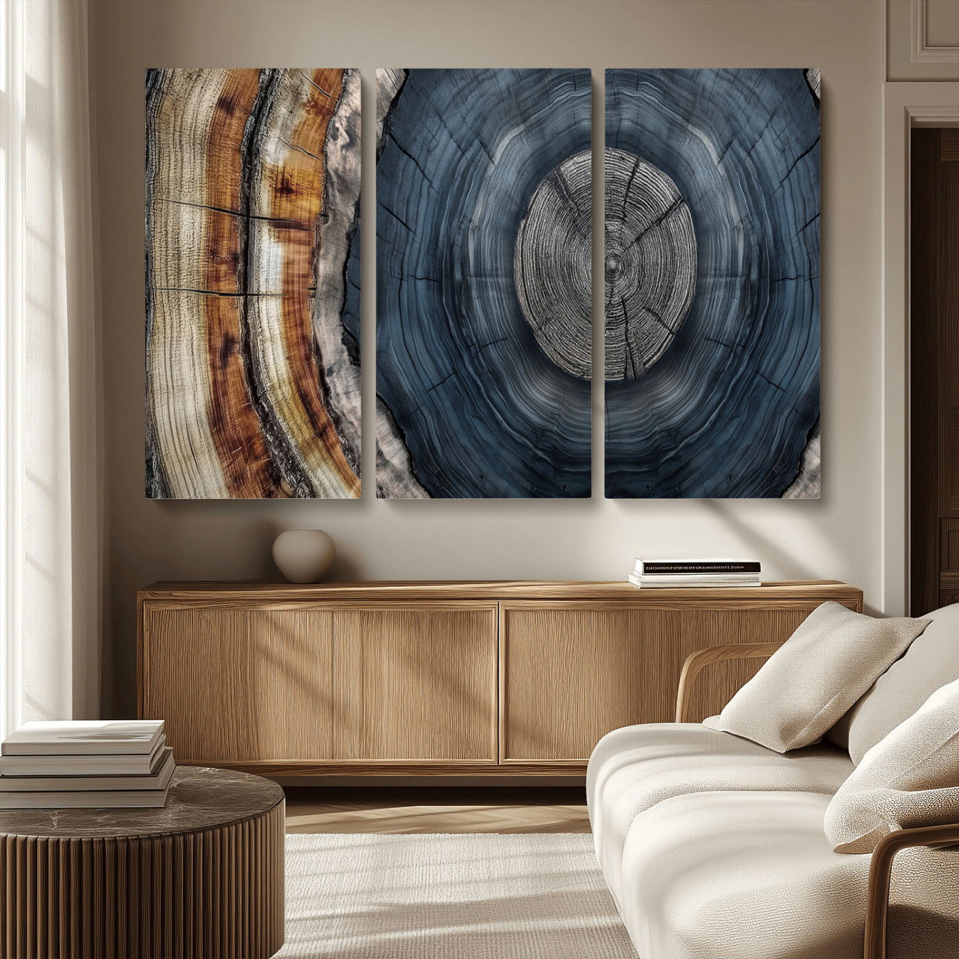 A stunning close-up of a tree trunk showing the intricate, circular growth rings, showcasing the natural textures and rich contrasts in deep blues, browns, and silvers.