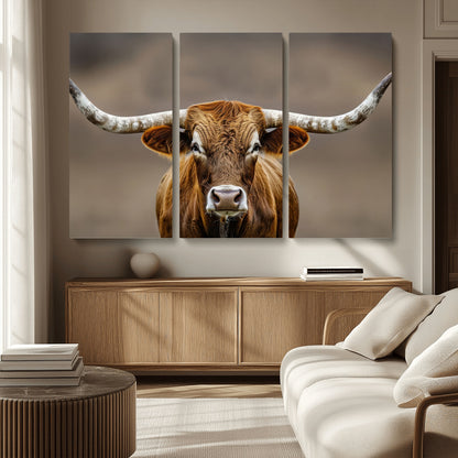 Close-up of a Texas Longhorn with strong curved horns and warm brown tones, perfect for rustic or western-style wall decor.