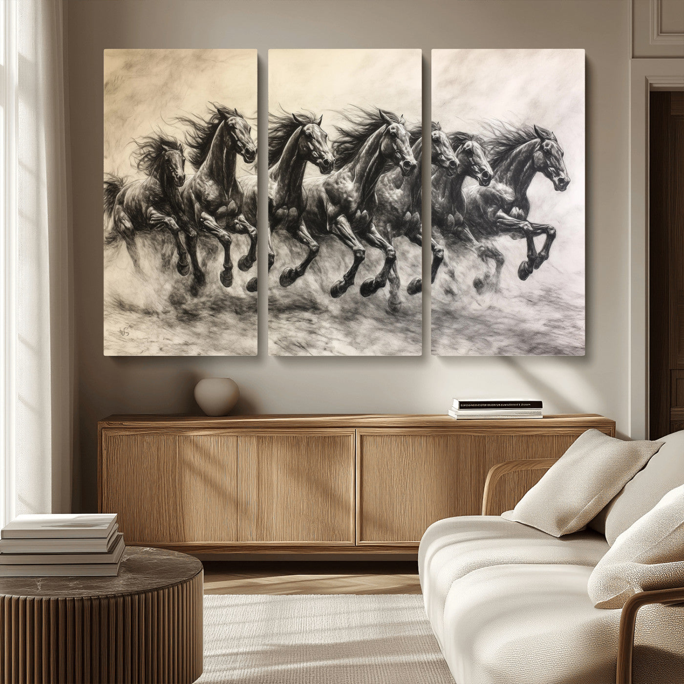 Monochrome drawing of a herd of galloping horses, perfect for dynamic and wild-themed decor in any equestrian or nature-inspired room.