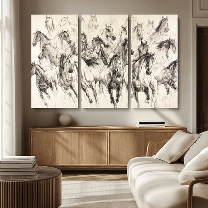 Monochrome ink sketch of galloping horses in dynamic motion, perfect for western or equine-themed wall decor with bold artistic energy.
