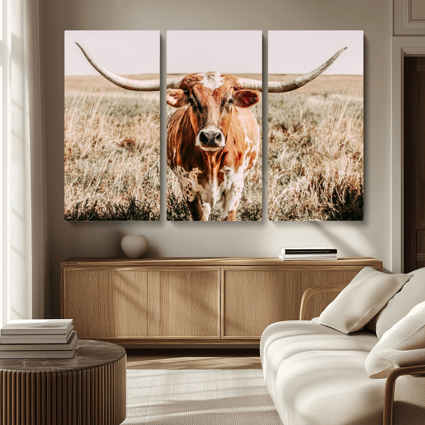 Framed longhorn cow canvas wall art with rustic prairie background, western animal print perfect for farmhouse or ranch style decor
