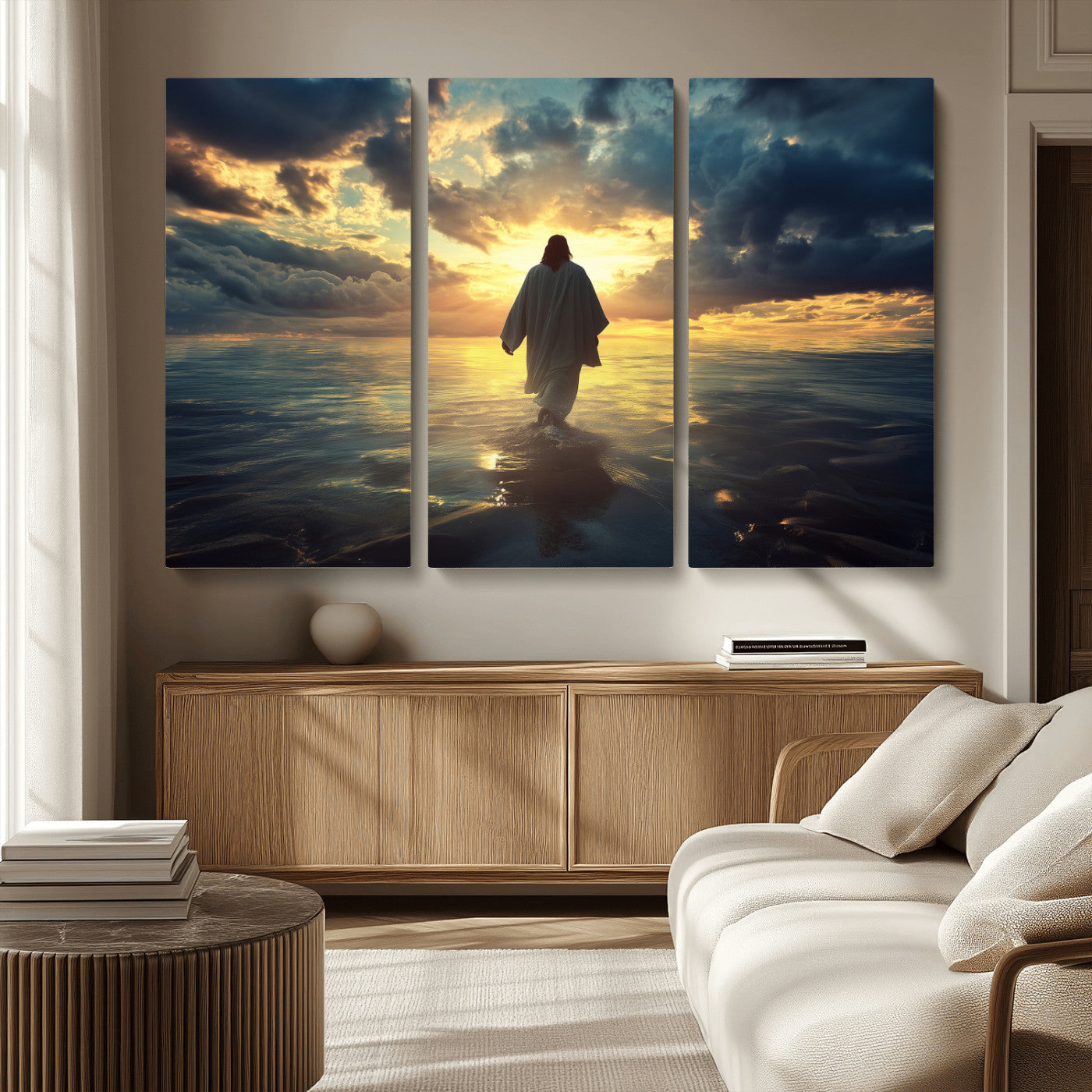 Spiritual artwork of Jesus walking on water at golden hour with divine light, ideal for Christian home decor or prayer room.