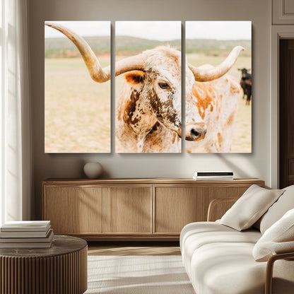 Close-up of a speckled Texas Longhorn in warm prairie tones, perfect for rustic western or countryside-themed room decor.