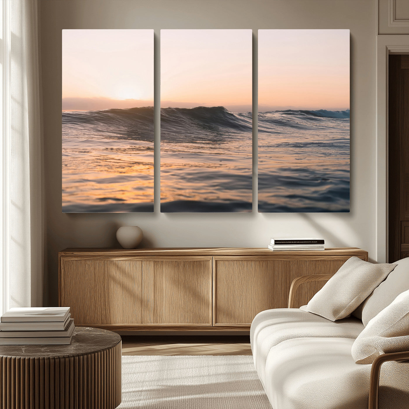 Framed canvas of ocean waves glowing in sunset light, ideal for golden hour calm or peaceful coastal-inspired wall decor.