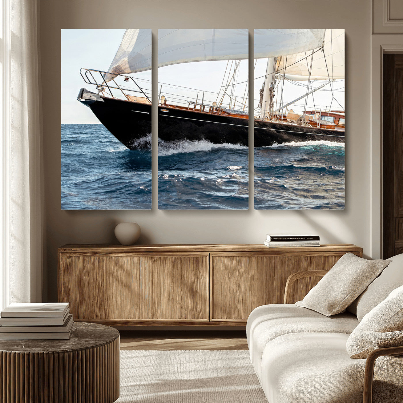 Close-up of a classic sailing yacht with wooden deck and full sails, perfect for nautical or coastal-style decor in ocean-themed spaces.