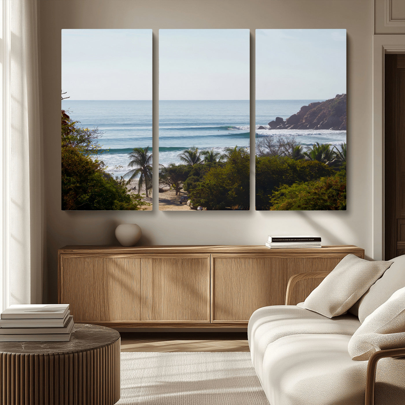 View of calm ocean waves with palm trees and a tropical coastline, ideal for coastal boho or beach-themed wall decor.