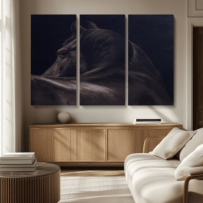 Close-up of a black horse with dramatic lighting on a dark background, perfect for rustic or masculine home decor.