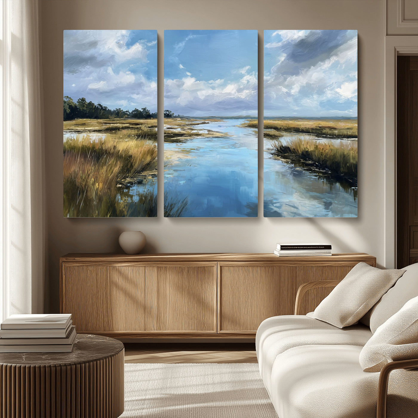 A beautiful, painterly landscape of a calm river winding through a marsh, with vibrant green grasses and a bright blue sky filled with fluffy clouds.