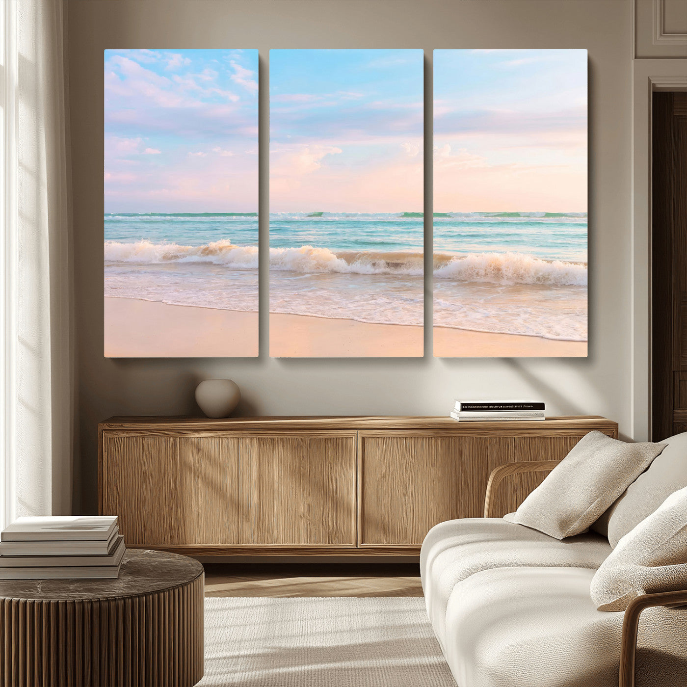 A peaceful beach scene with soft pastel skies, gentle waves washing up on the sandy shore, creating a calm and serene ocean view.