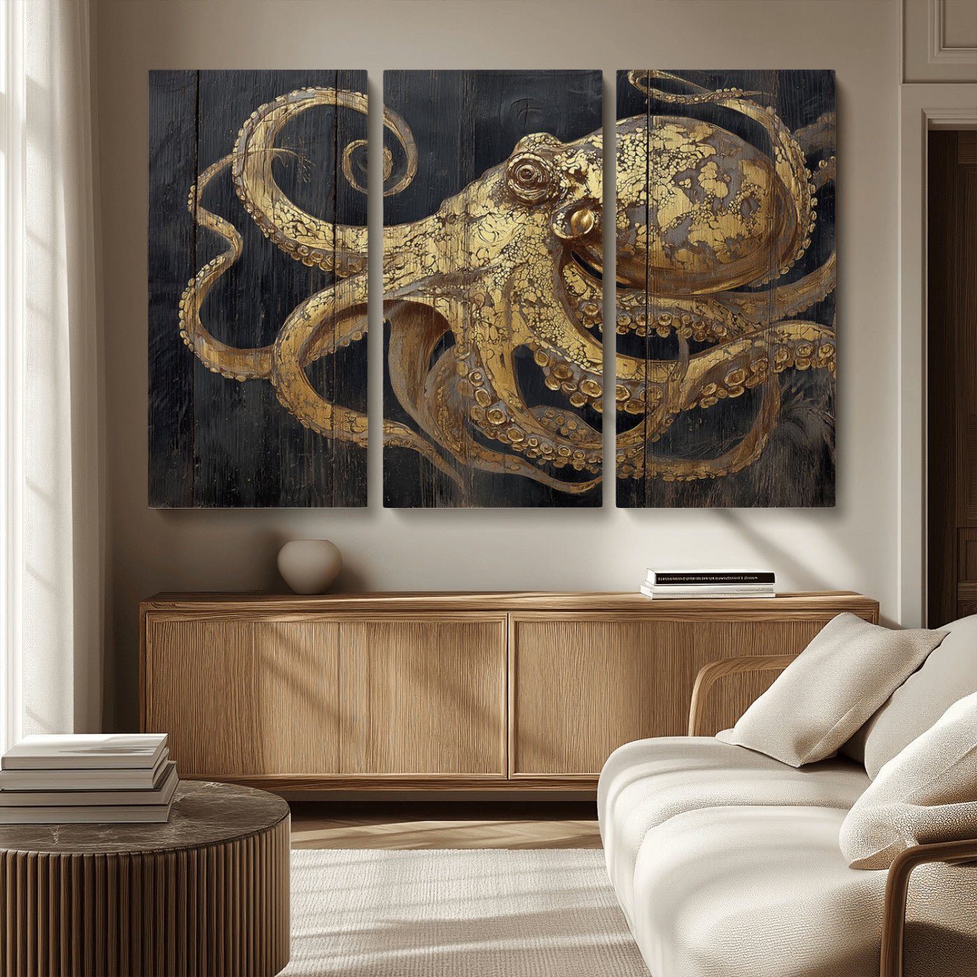 A detailed gold illustration of an octopus on black wooden planks, showing its intricate tentacles and textured skin in an artistic style.